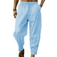 thumbnail image 1 of MAWCLOS Mens Trousers Elastic Waist Linen Pants Solid Color Summer Pant Fitted Jogger Drawstring Bottoms Light Blue XS, 1 of 2