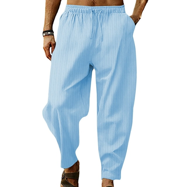 MAWCLOS Mens Trousers Elastic Waist Linen Pants Solid Color Summer Pant Fitted Jogger Drawstring Bottoms Light Blue XS