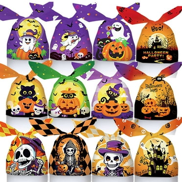 100PCS Halloween Treat Bags Candy Bags for Trick or Treat Party Favor Pumpkin Cat Skeleton Ghost Goodie Bags for Kids Halloween Party Supplies