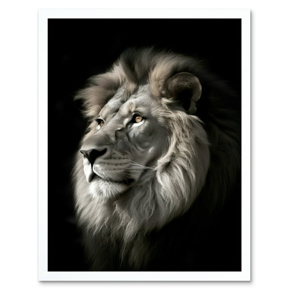 Lion Head Portrait Dramatic Photograph Strong Leo Dark Atmospheric Light Art Print Framed Poster Wall Decor 12x16 inch