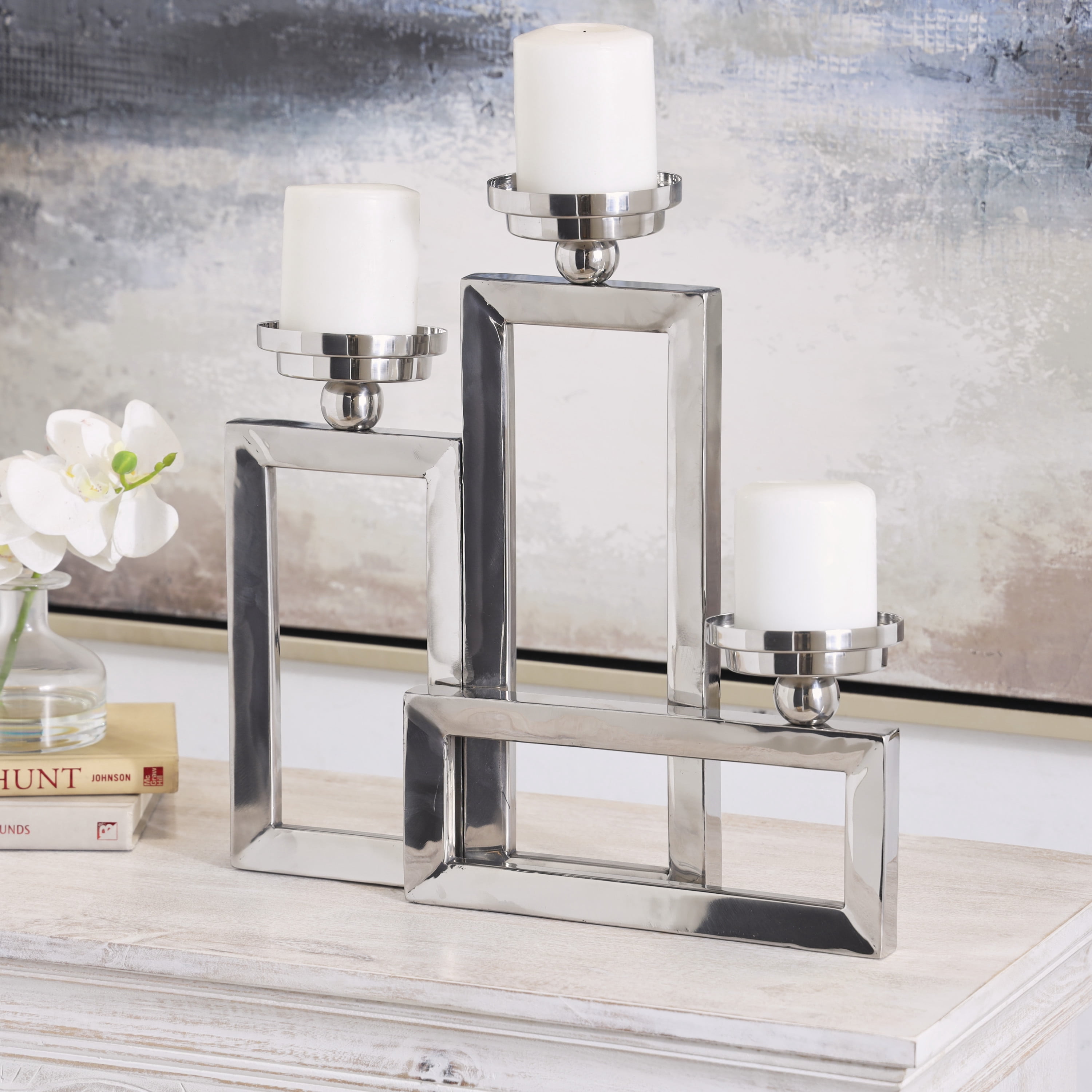 DecMode 3 Holder Silver Stainless Steel Geometric Open Frame Candelabra with Various Rectangles