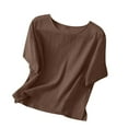 thumbnail image 4 of Vestidos Casuales Para Mujer, Blusas De Mujer De Moda Blusa de mujer de color liso de imitación de lino con hombros descubiertos, manga corta, cuello redondo y dobladillo con abertura, 4 of 5