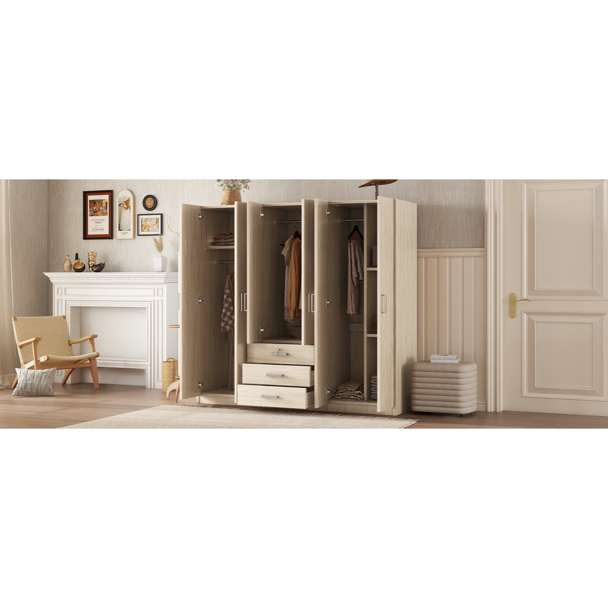 Modern Wardrobe Closet,Wooden Wardrobe Storage with 6-Doors & 2 Drawers for Bedroom,Natural