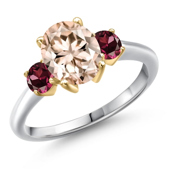 Gem Stone King 925 Silver and 10K Yellow Gold Peach Morganite and Red Rhodolite Garnet Engagement Ring for Women | 2.34 Cttw | Oval 9X7MM | Gemstone October Birthstone | Size 7