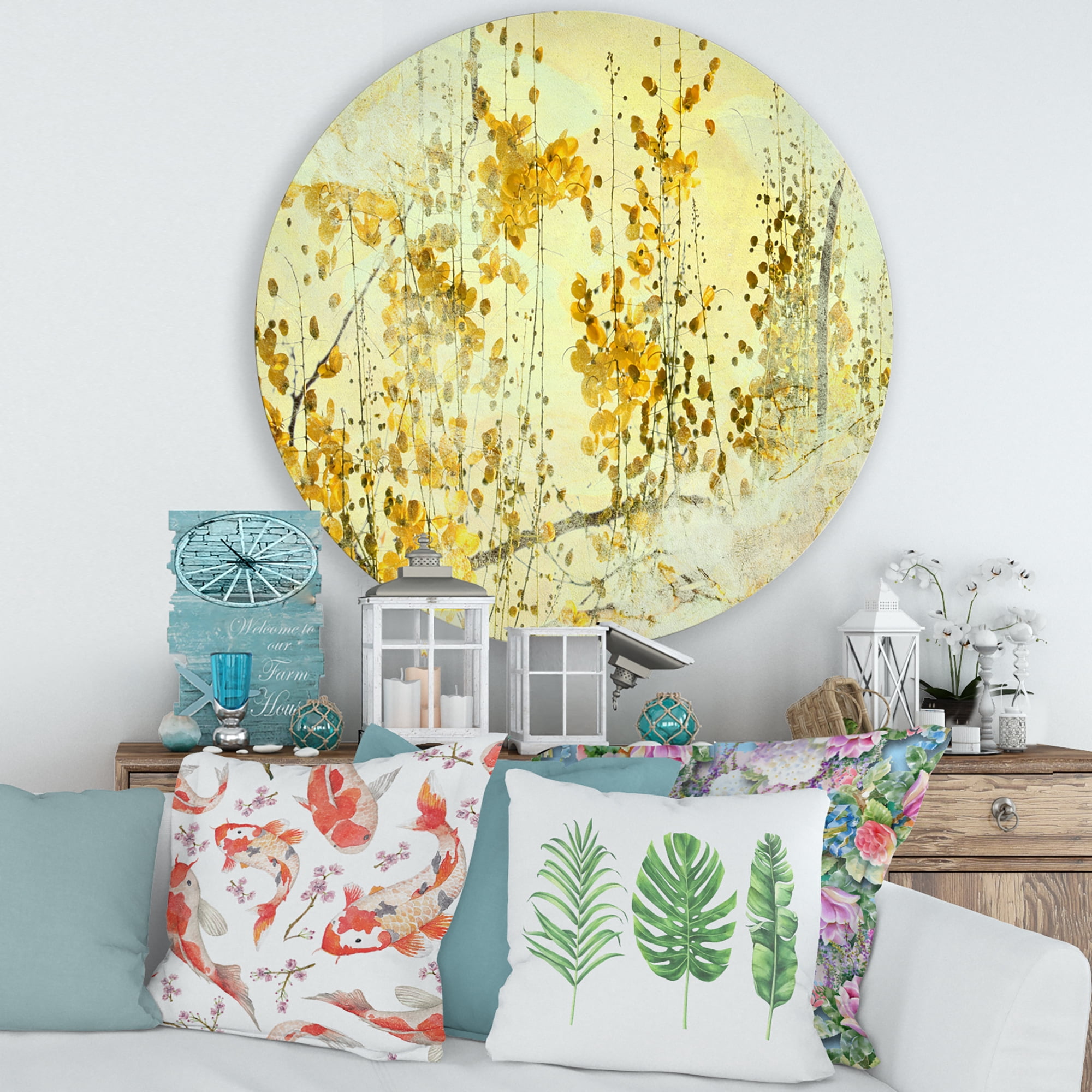 Designart 'Abstract Yellow Flower Grunge Art' Modern Circle Metal Wall Art 29x29 - Disc of 29