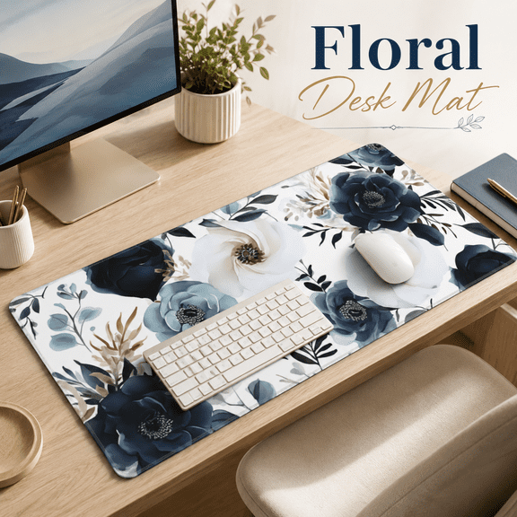 MORAVE 35.4 x 15.7 in XXL Large Desk Mouse Pad, Extended Keyboard Mouse Mat, Boho Navy Blue Peony Florals Design, Big Laptop Gaming Mouse Pad for Computer Office Use