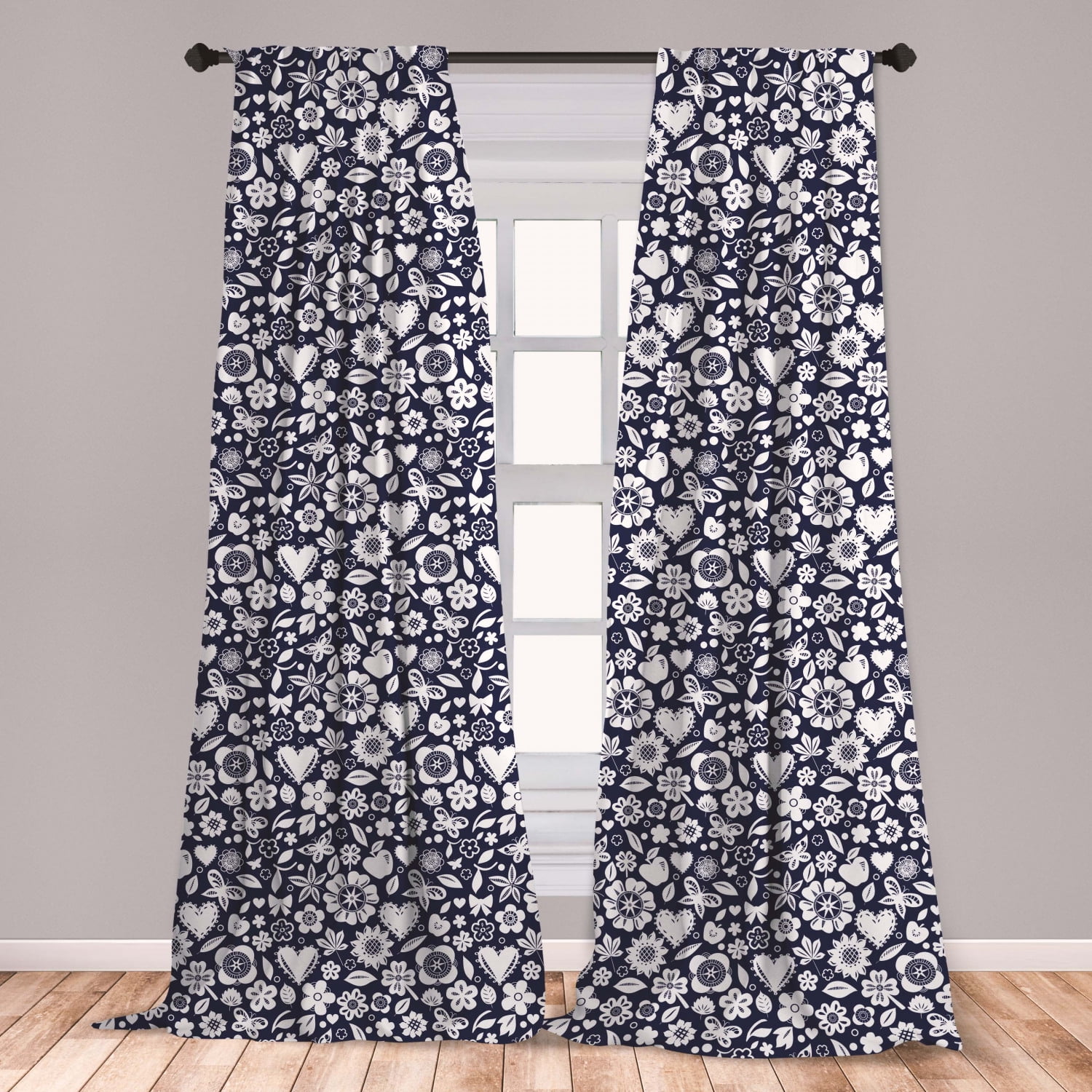 Navy Blue Curtains 2 Panels Set, Multi Designed Pattern with Hearts