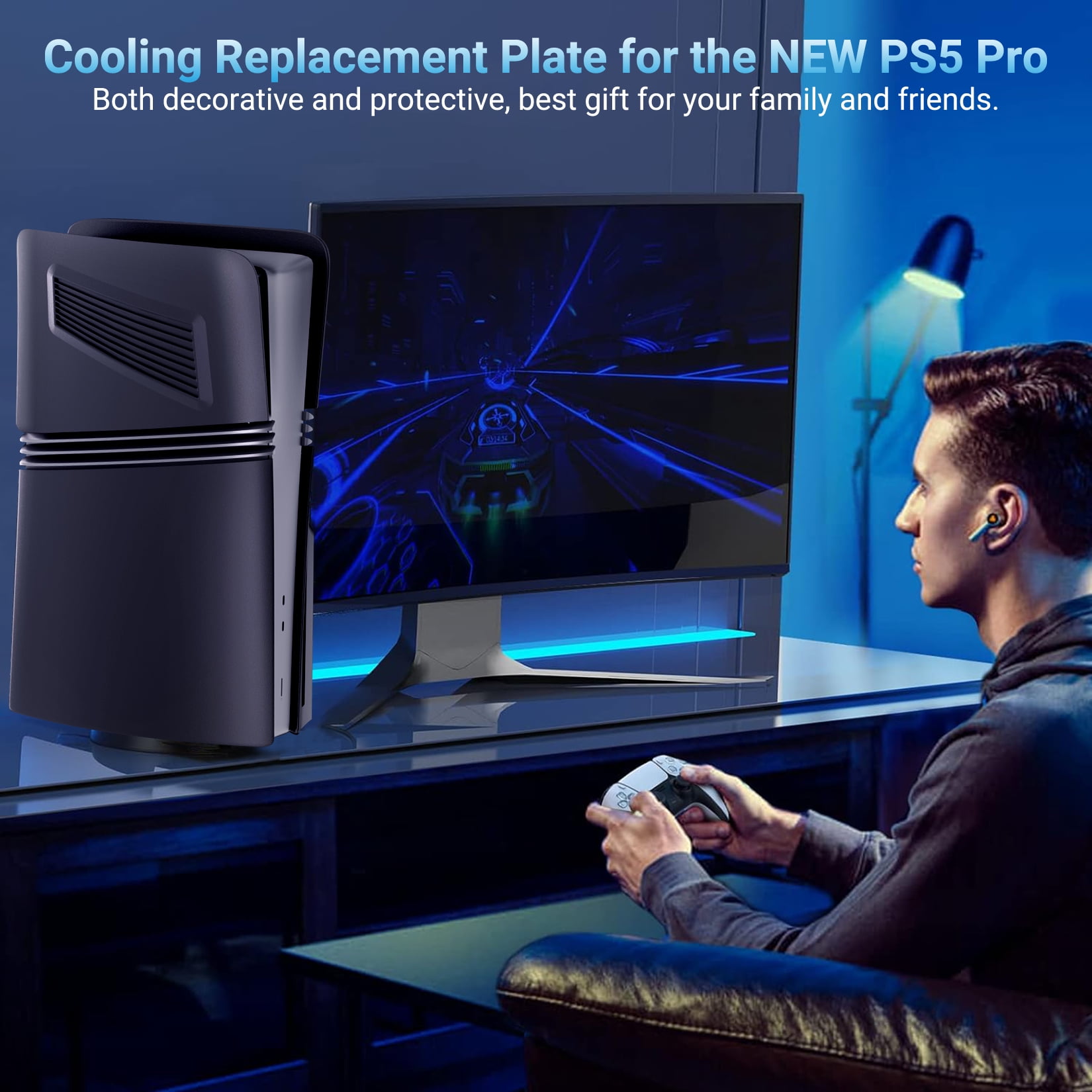 4 in 1 Black Plates for PS5 Pro Disc and Digital Edition, Faceplate for PS5 Pro with Cooling Vent, Face Plate Console Accessories Cover ABS Dustproof Replacement Side Shell Case Black