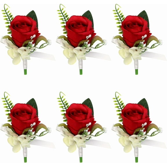 Set of 6 Red Rose Boutonniere for Men Wedding, Groom and Best Man Boutonnieres with Artificial Flower for Wedding Prom Party (Red)