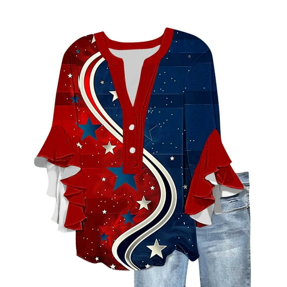 4th of July Shirts Women 3/4 Length Ruffle Sleeve Tops V Neck Button Down Blouse American Flag Shirt