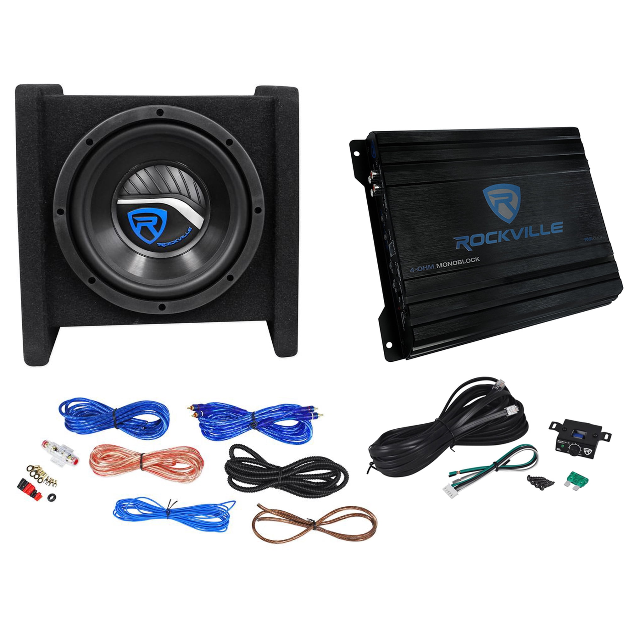 Rockville RV8.1A 400w 8" Loaded Car Subwoofer Enclosure+Mono Amplifier+Amp Kit