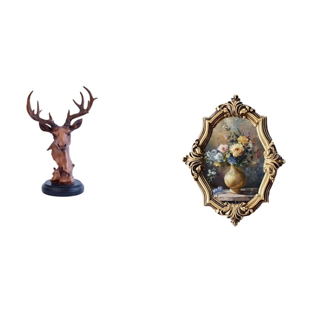 Figura de cabeza de ciervo,Adorno de cabeza de ciervo,estatua de animal decorativa,Figura de cabeza de ciervo para decoración de mesa creativa,Marco de fotos,Marco de fotos Decoración del
