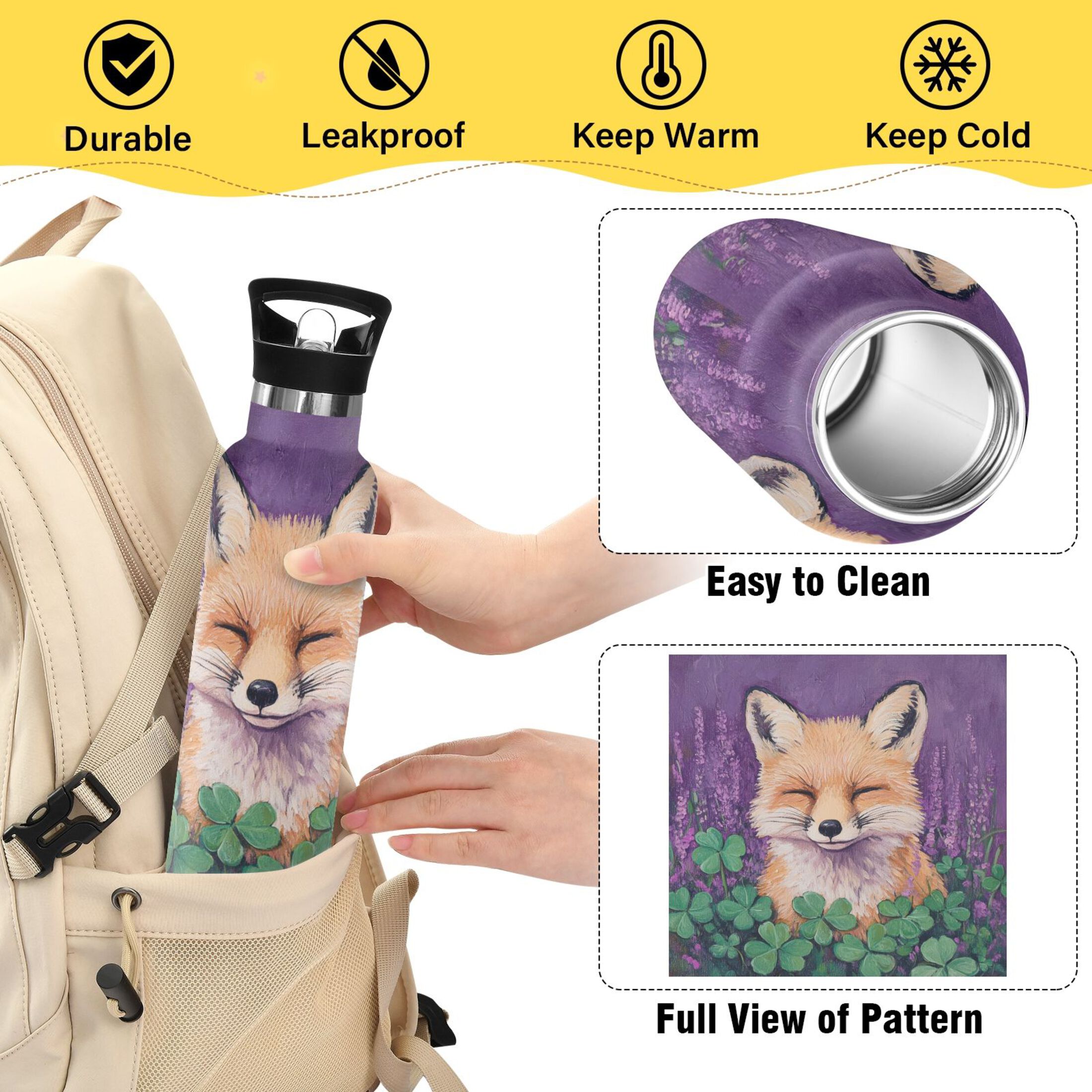 600ML Stainless Steel Insulated Cup Sports Water Bottle Portable Thermos Cup Water Glasses Insulated Tumblers Convenient and Durable Cute Sleeping Fox