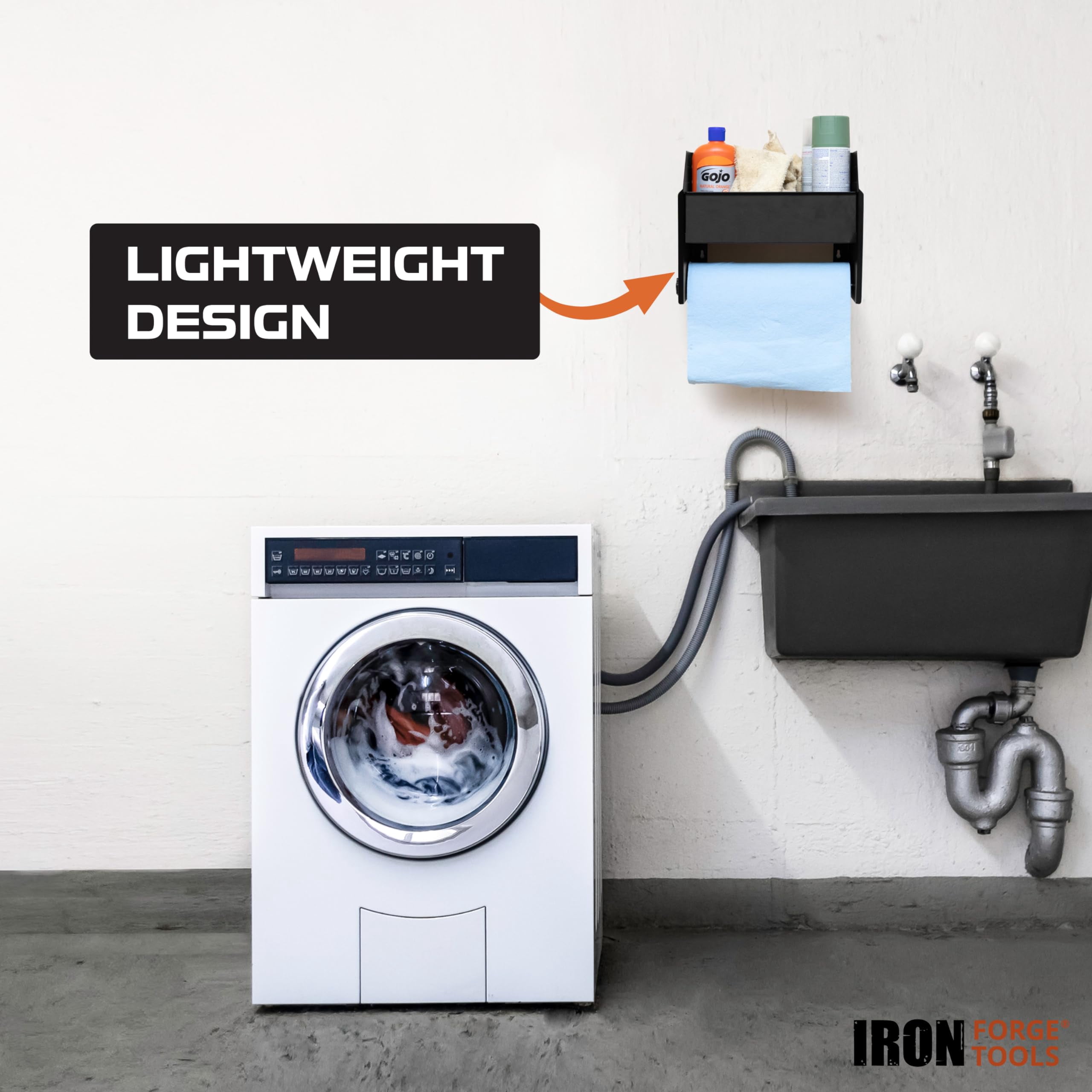Iron Forge Tools Paper Towel Holder Wall Mount with Shelf - Garage Organization & Storage Shed Organizer for Shop Towels, Trailer Accessories for Inside Workshop, Garage Must Haves Décor for Men