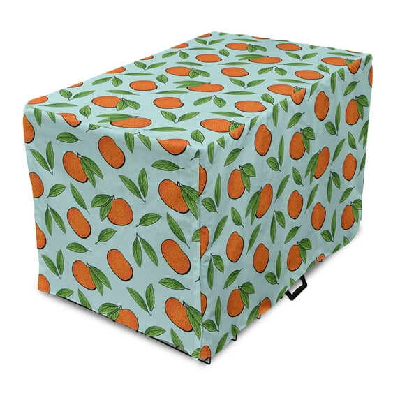 Tangerine Dog Crate Cover, Organic and Fresh Mandarin Fruits with Leaves Pattern, Easy to Use Pet Kennel Cover Small Dogs Puppies Kittens, 7 Sizes, Vermilion Pale Blue, by Ambesonne