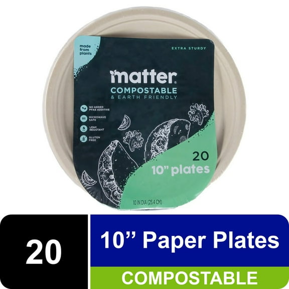Matter Compostable 10" Plant-Based Fiber Disposable Dinner Plates, 20 Count