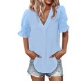 thumbnail image 1 of Gibobby Camiseta de Manga Corta con Cuello en V Blusa gasa con cuello en V color liso para mujer con mangas(Azul,M), 1 of 5