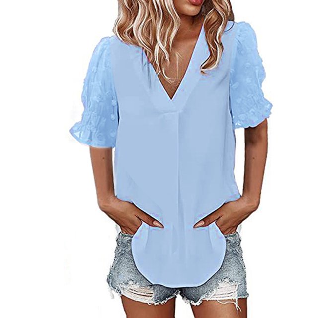 Gibobby Camiseta de Manga Corta con Cuello en V Blusa gasa con cuello en V color liso para mujer con mangas(Azul,M)