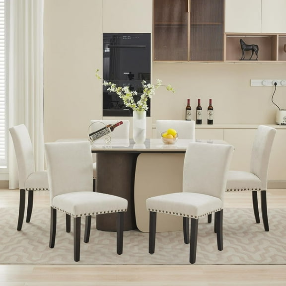 Dining Chairs Set of 6 Upholstered Parsons Diner Room Chair Sets Fabric Kitchen Table Chairs With Nailhead Trim/ Solid Wood Legs and Padded Cushion Accent Chair Modern Living Room Chairs, Beige