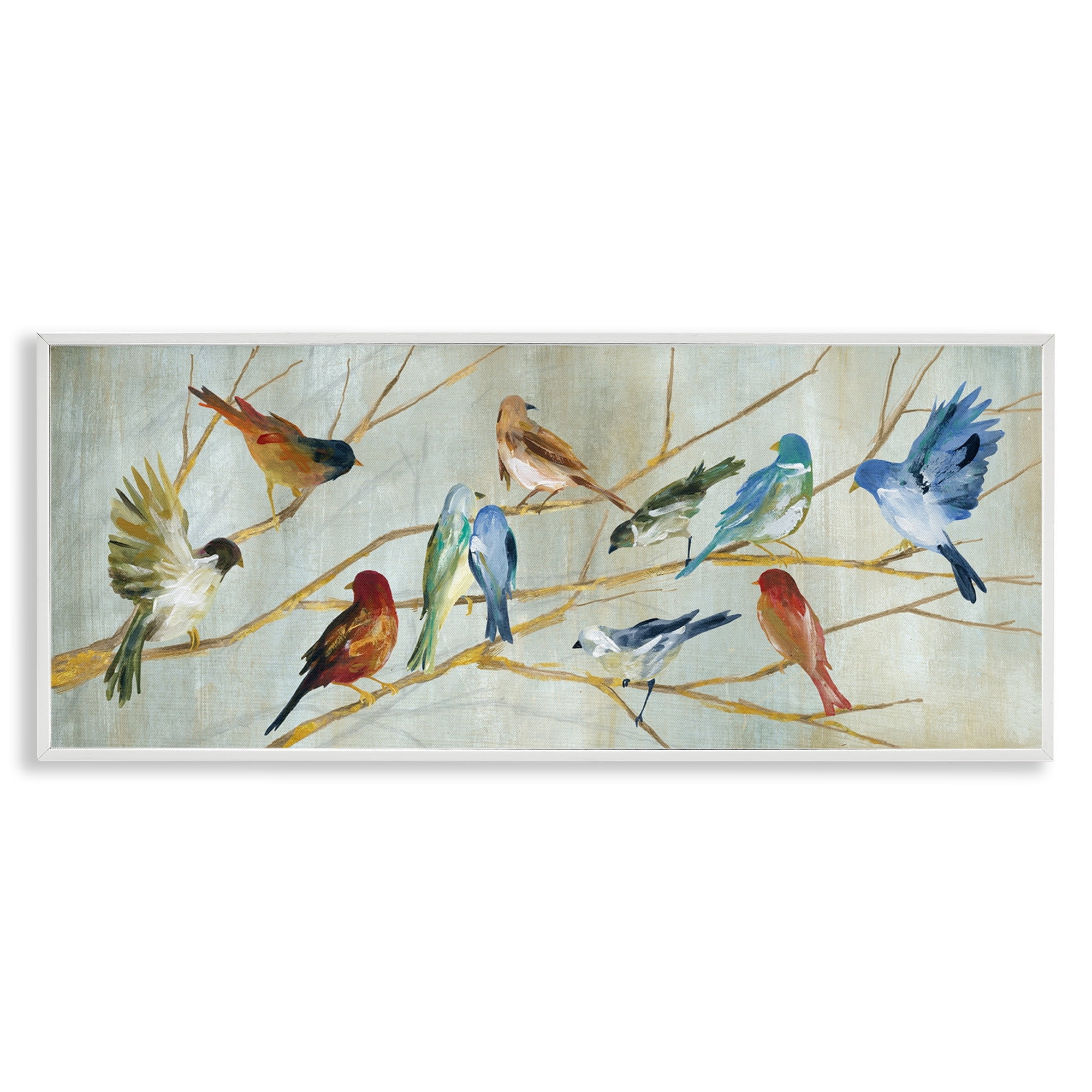Stupell Industries Birds Resting Autumn Tree Branches Blue Red Brown Animals & Insects Painting White Framed Art Print Wall Art, 10 x 24
