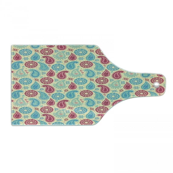 Paisley Cutting Board, Retro Style Patterns and Flowers in Design Detailed Print, Decorative Tempered Glass Cutting and Serving Board, Wine Bottle Shape, Turquoise Pink Cream, by Ambesonne