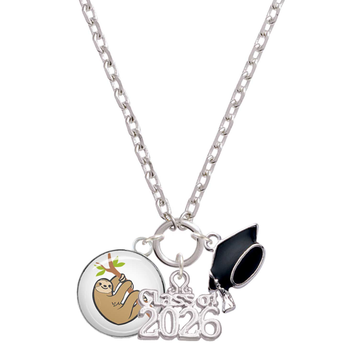 Delight Jewelry Silver-tone Domed Sloth - Class of 2026 Graduation Zoey Charm Necklace, 28"