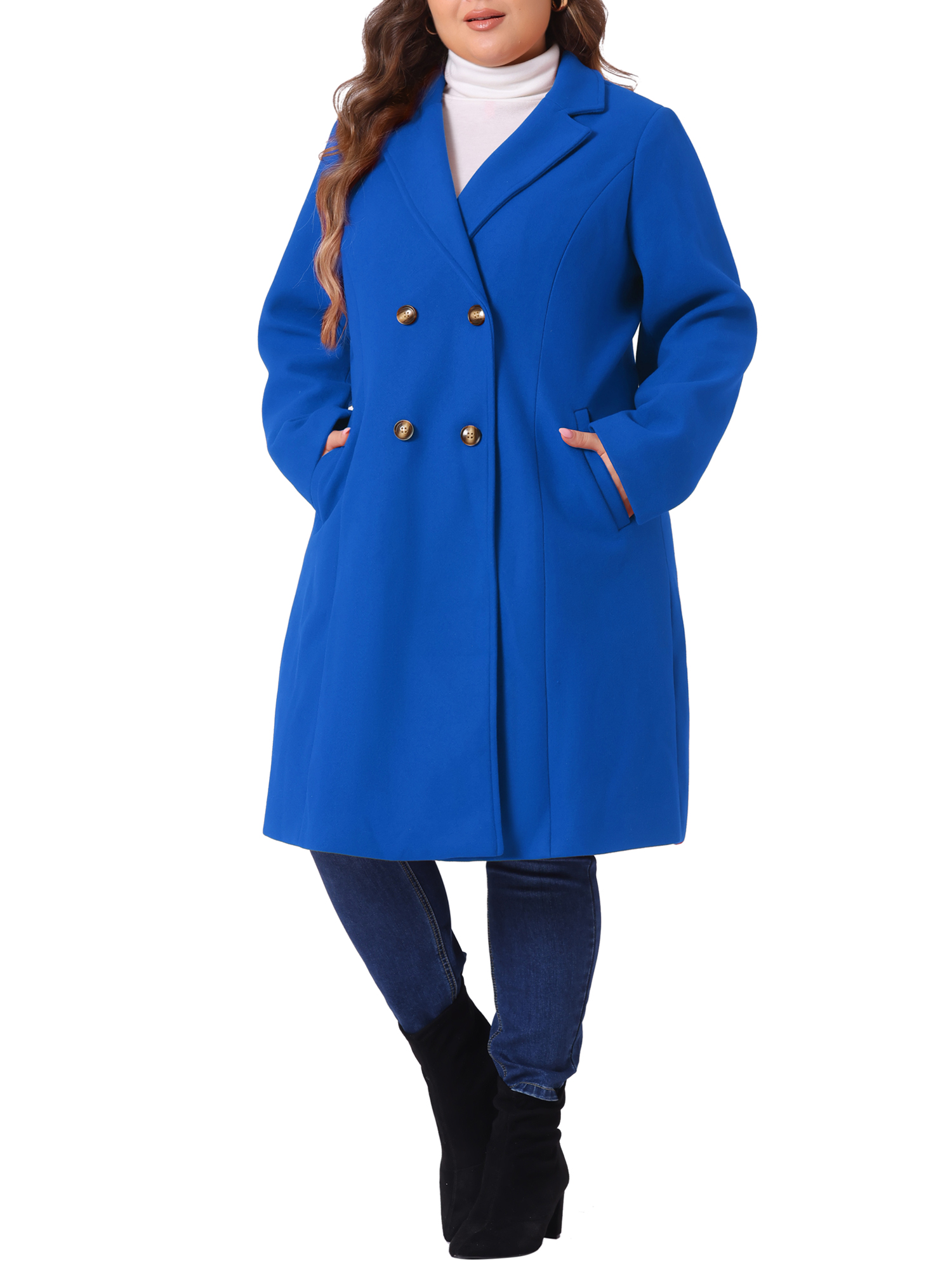 DARING DIVA Women's Plus Size Notched Lapel Warm Double Breasted Coat 2X Royal Blue