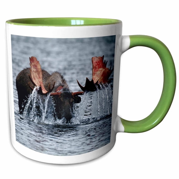 3drose, Usa, Alaska, Denali National Park, Moose Bull Drinking in Lake., 11oz Two-tone Green Mug
