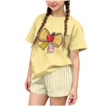 thumbnail image 2 of LvhaoGJOB Little Kids Girls T-Shirt and Shorts Outfit Set, Beige - large yellow bow graphic, notebook print with pink bow, 2 of 6