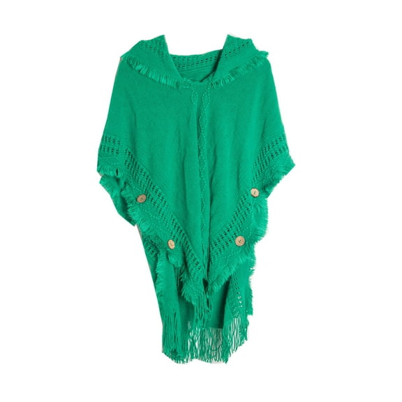 ZQUUVOU Women's Solid Color Shawl Fashion Fall Winter Plus Size Knitwear Button Hooded Cape Fringe Shawl Wraps Green