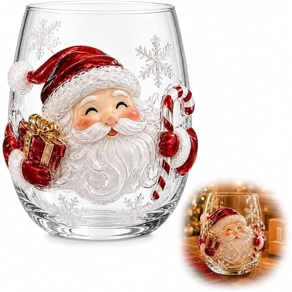 Christmas 3D Glass Cup Collection, Stemless Tumbler With Christmas Santa, Hand Painted Holiday Ornament Glassware, Festive Gift for Kitchen Party Table Decor(Santa Claus)
