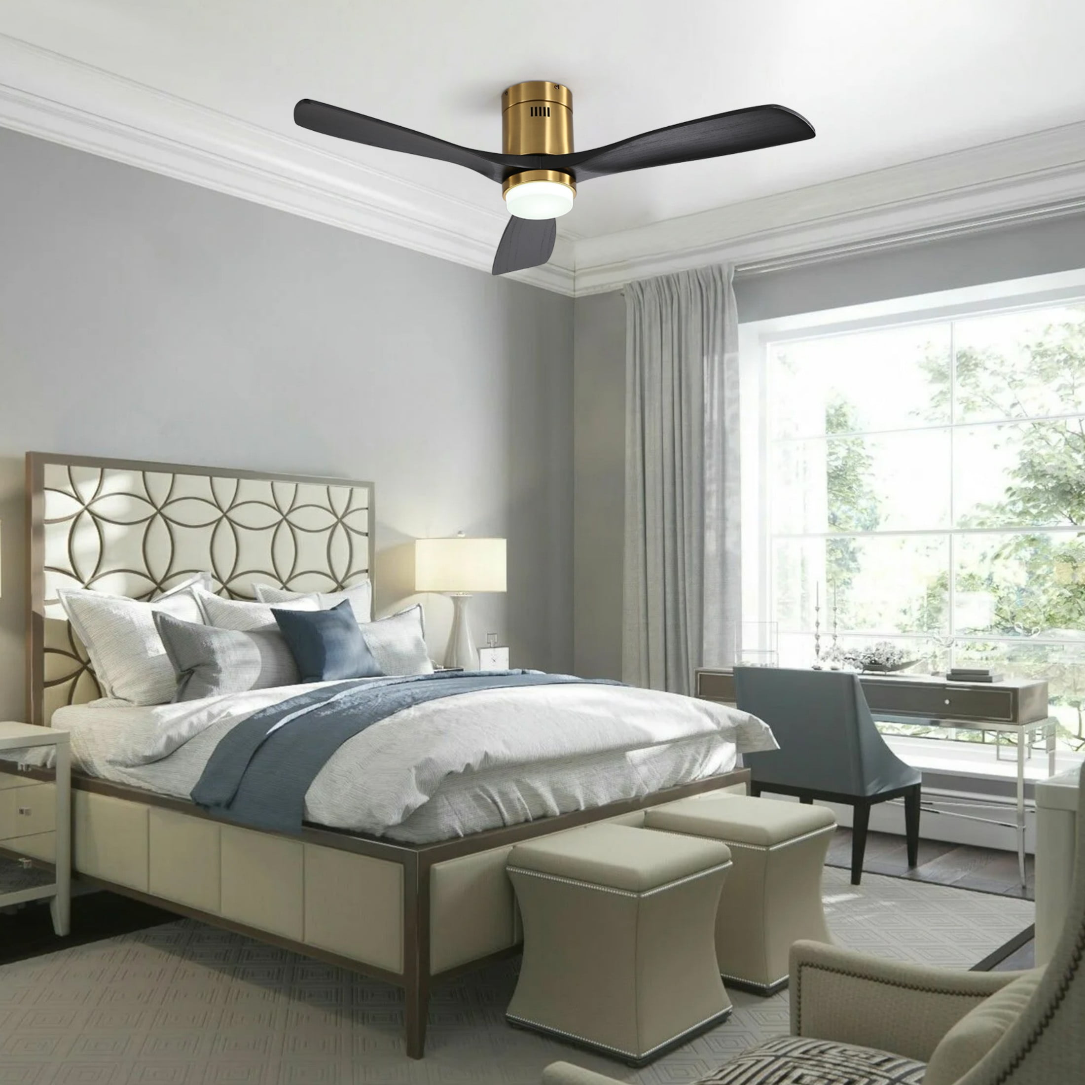 Sofucor 52" Flush Mount Smart Ceiling Fan with Lights, Solid Wood Matte Black and Gold Blades, Compatible with Alexa/Google/App, 3-Color Light 6-Speed Timing Reversible DC Motor