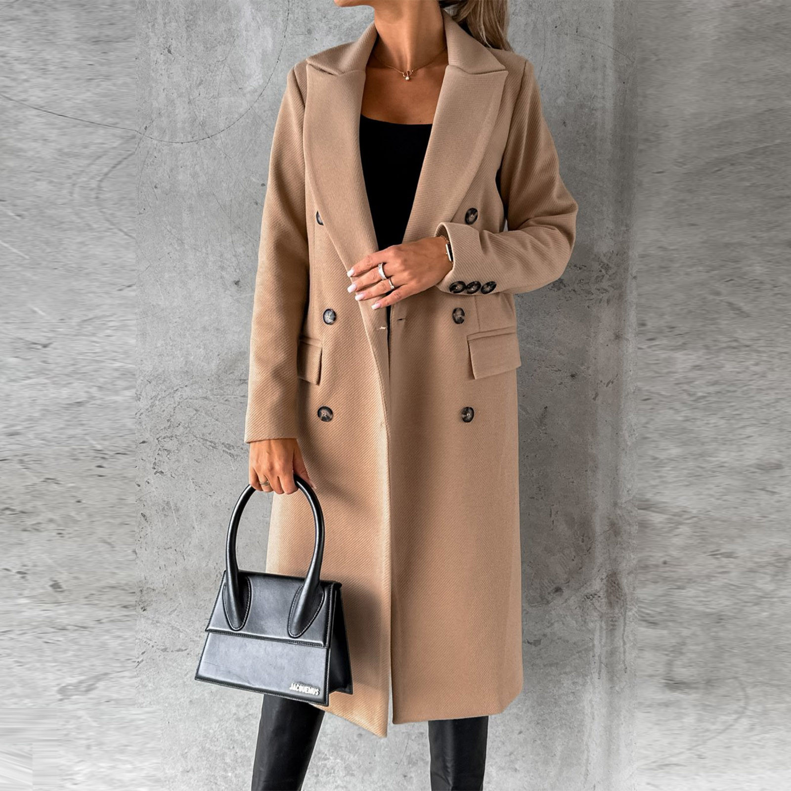 Hfyihgf Women's Double Breasted Trench Coat Classic Notch Collar Long Sleeve Peacoats Winter Warm Slim Fit Long Woolen Jackets Coat with Pockets Clearance(Khaki,L) - image 2 of 5