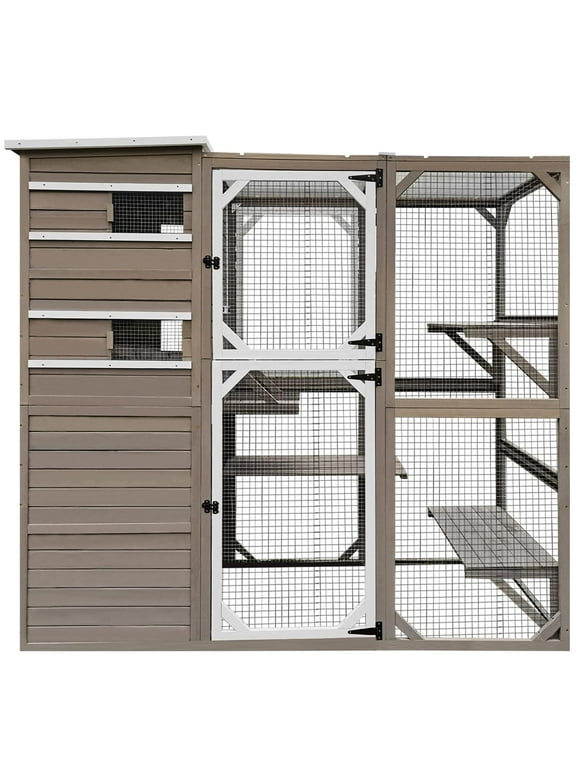 PETSCOSSET 77" Large Outdoor Catio Enclosures - Wooden Cat House Weatherproof with Multi Platforms & Weather Resistant Roof, Indoor Interoperability