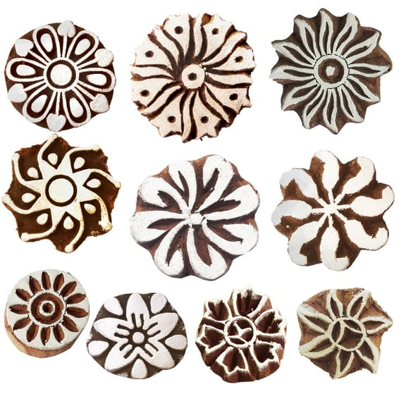 Royal Kraft Round Wooden Printing Stamps (Set of 10) - DIY Henna Fabric Textile Paper Clay Pottery Blocks Htag2163