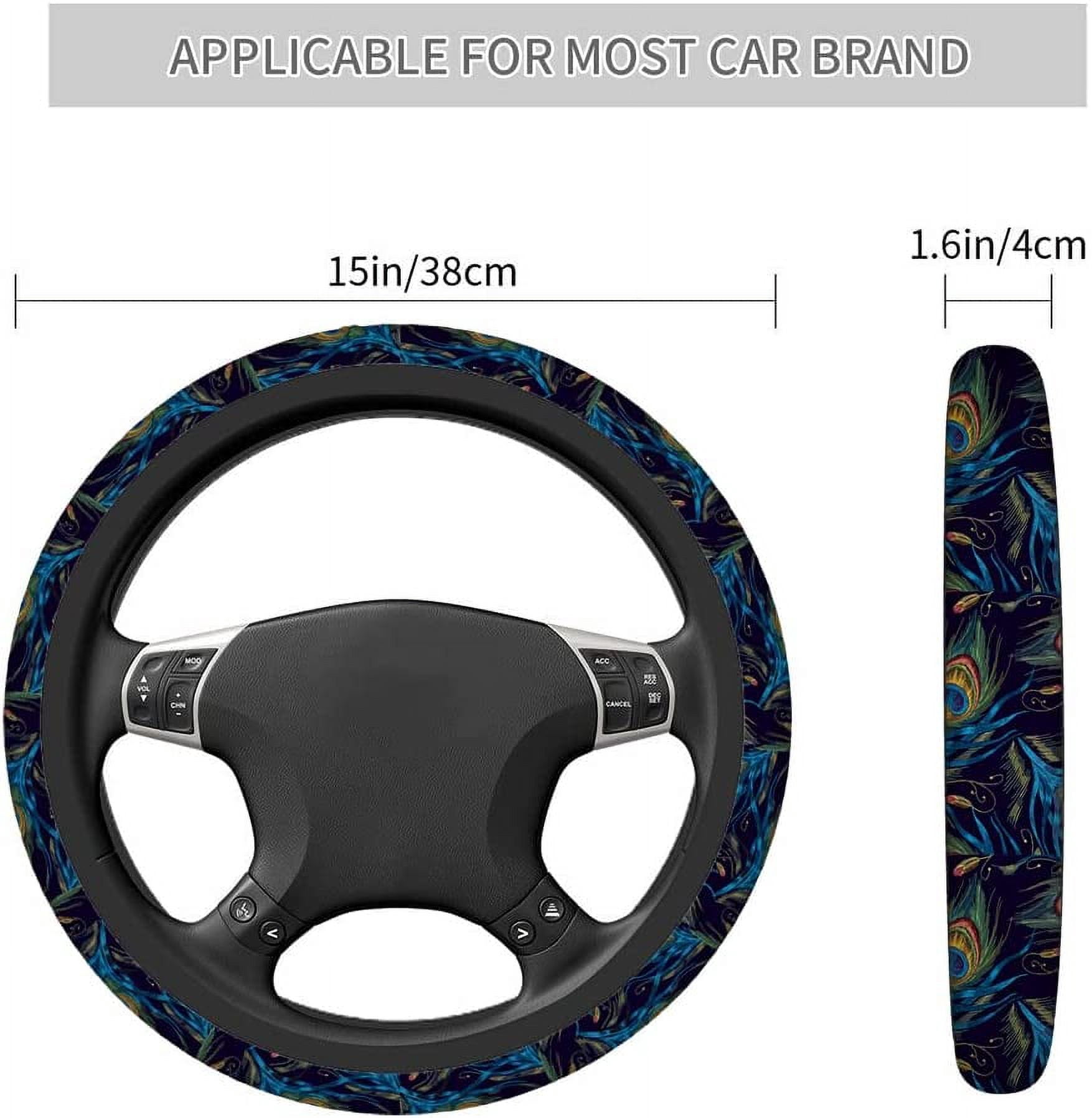 Peacock Feather Steering Wheel Cushion Case Beautiful Blue and Green Peacock Feathers Neoprene Car Steering Wheel Covers 15 Inch Anti Slip Compatible Auto Car Wrap Cover for Men Women