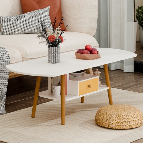 Plenkra Coffee Table, 2 Tier Mid Century Center Table with Open Storage, Tea Table for Living Room, Double Storage Coffee Table, Home Furniture, Easy Assembly