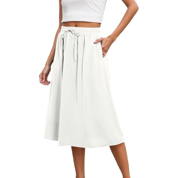 Falda de mujer de largo medio y cintura alta - Cintura elástica, color liso, poliéster y spandex, estilo elegante, tallas S-XXL