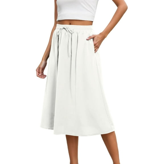 Skirts For Women Summer Solid Color Mid Length Elastic High Waisted Fashion Elegant A Line Skirt Beachwear,White,XXL