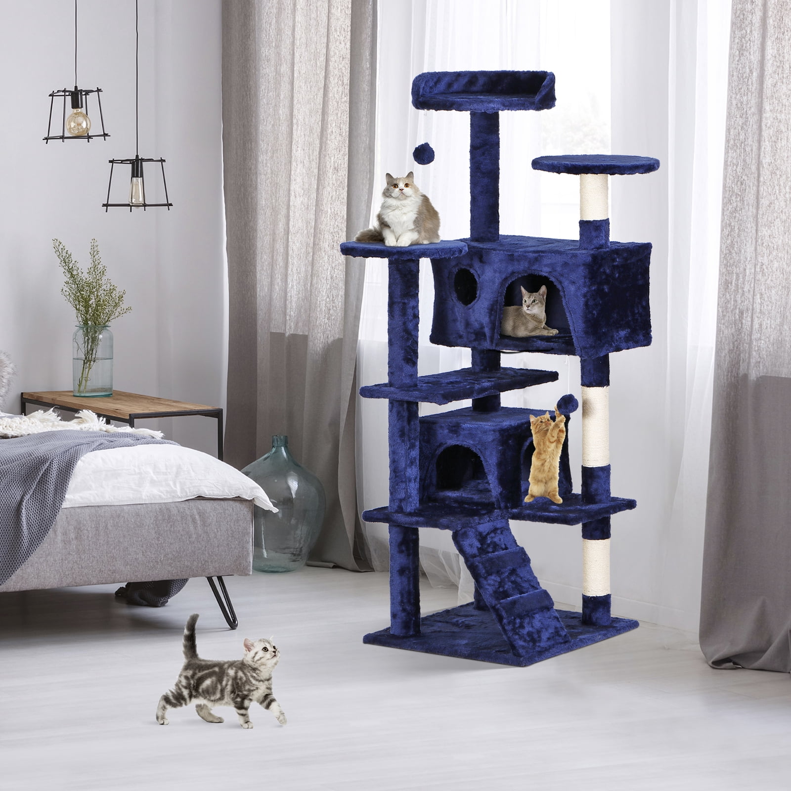 Favory Cat Tower Multi-Level Durable Cat Scratching Post & Cozy Fun Cat Jumping Platform Space Saving Cat Condo Pet Play House for Indoor Cats,55",Blue