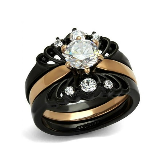 Women's Rose and Black Plated Stainless Steel Wedding Engagement Ring Band Set Size 9