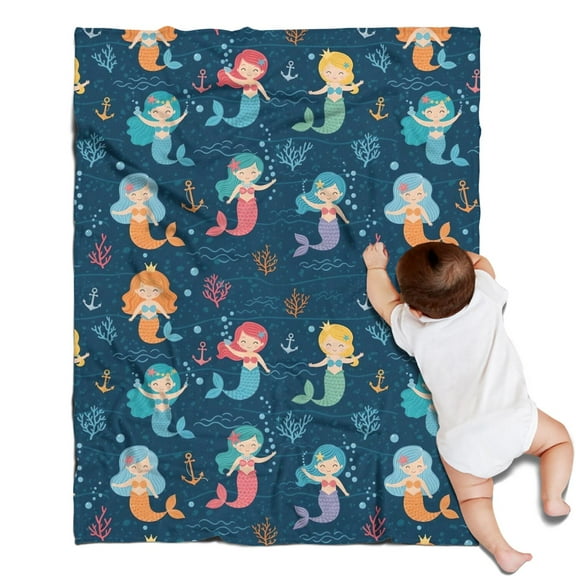 Dark Blue Mermaid Pattern Blanket,Comfortable Soft Flannel Throw Blanket,All Season,Warm Lightweight Blankets for Sofa Bed Couch Living Room Chair,30"x40"
