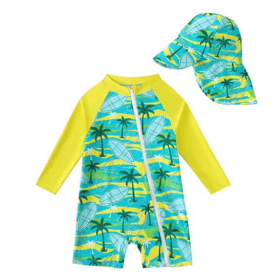 KIMI BEAR 18 Months Infant Baby Boys One-piece Swimsuit 24 Months Swimwear Full Zipper UPF 50 Sun Protection Coconut Tree Print One Piece Bathing Suit Rash Guard and Hat Beachwear Sunsuit Green