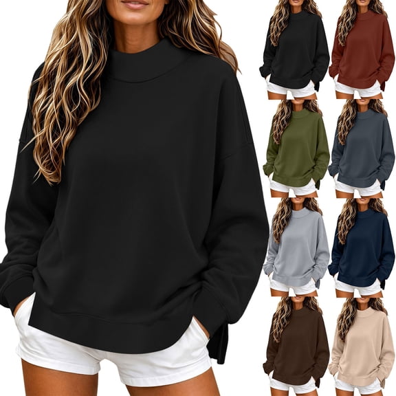 Women's Oversized Mock Neck Sweatshirt Long Sleeve Pullover Top with Side Slit & Drop Shoulder for Fall Winter