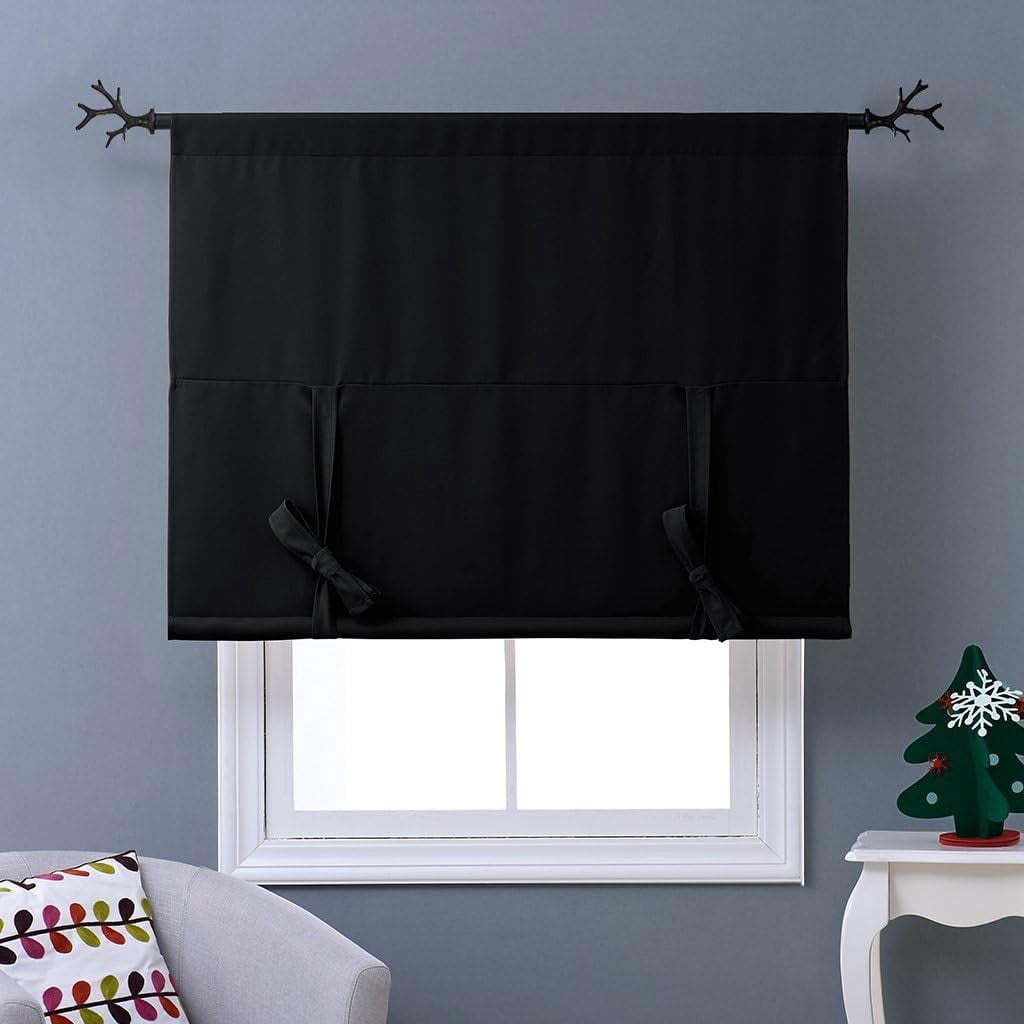 NICETOWN Blackout Short Curtain for Windows, Tie Up Adjustable Balloon Valance Blind Thermal Insulated Room Darkening Rod Pocket Curtain for Kitchen Living Room, Black, 46"x63", 1 Piece