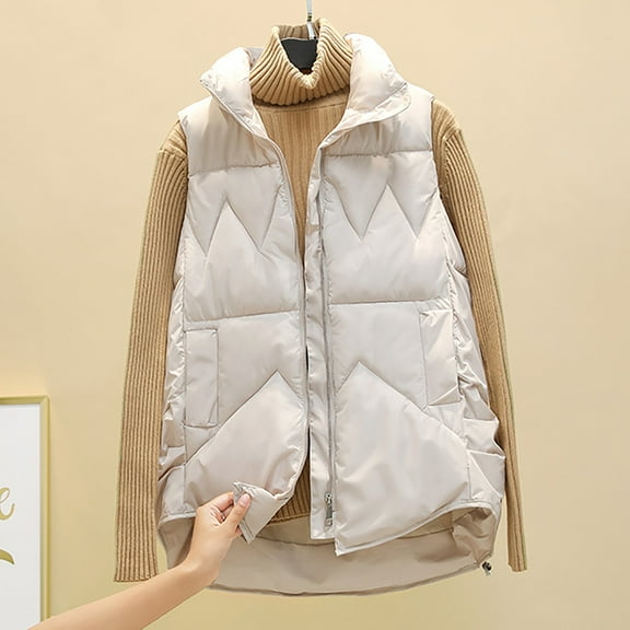 Black and Friday Clothing Sales Idoravan Quilted Vests for Women Clearance Women Pocket Vest Coat Short Jacket Winter Sleeveless Turn Down Collar Zipper Solid Outerwear Beige XXL