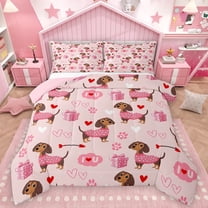Homewish Cartoon Dachshund 3-Piece Full Size Comforter Sets For Children Teens Girls,Kawaii Dogs Bedding Comforter Set,Love Heart Print Lightweight Bedding Sets,Breathable Home Decor,Reversible