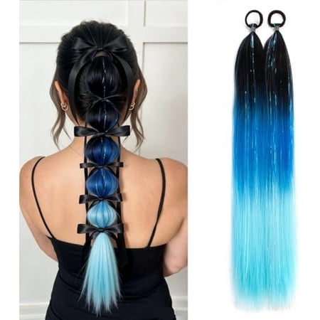 2 count Colored Hair Extensions 26 Inch Braid Ponytail for Women Straight and Smooth Hair Extensions with Elastic Bands Suitable for Parties and Events. (Black/Deep Blue/Light Blue)