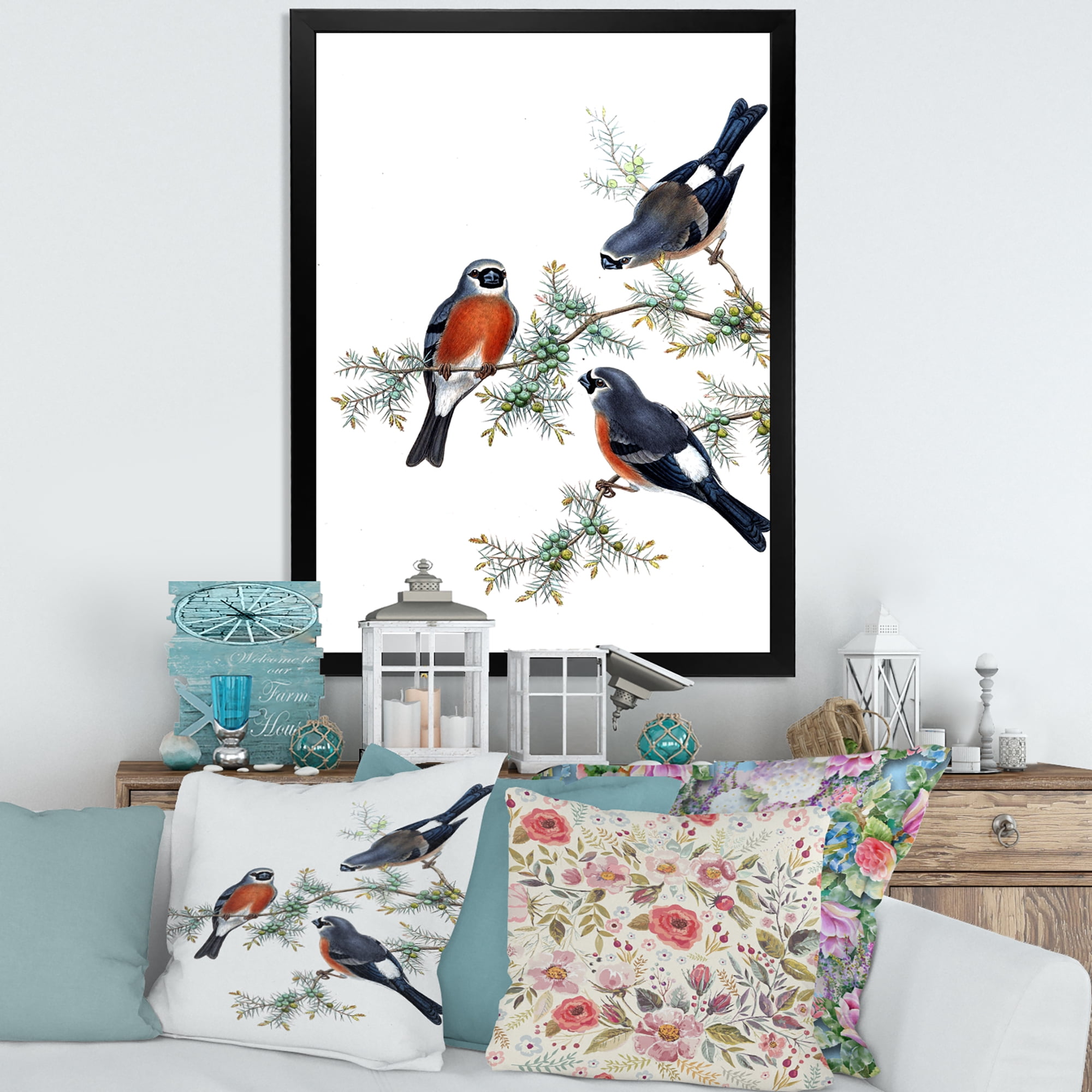 Designart 'Vintage Countryside Birds On Branch III' Farmhouse Framed Art Print