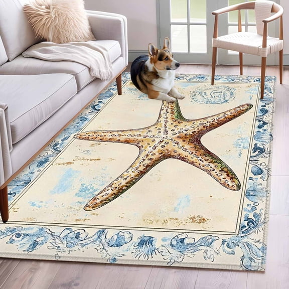 Coastal Beach Starfish Area Rug 3x5 Washable Rug Non Slip Summer Vintage Watercolor Wave Large Area Rug Indoor Floor Carpet for Entryway Bedroom Kitchen Living Room Home Office Dining Room Nursery